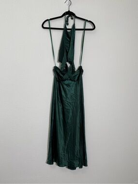 Selfie Leslie Emerald Satin Halter Cut Out Midi Dress Open Back Slip Dress NWT